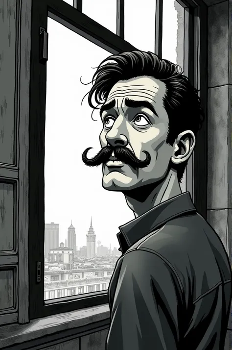 Make a man with a confused mustache looking out a window in graphic novel style 