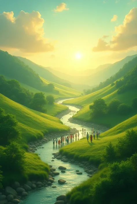 A hyper-realistic (8K) scene of a radiant, peaceful valley, where reunited loved ones are gathered in circles, laughing and sharing memories. The landscape is full of lush greenery, soft hills, and flowing rivers, creating a tranquil and harmonious environ...