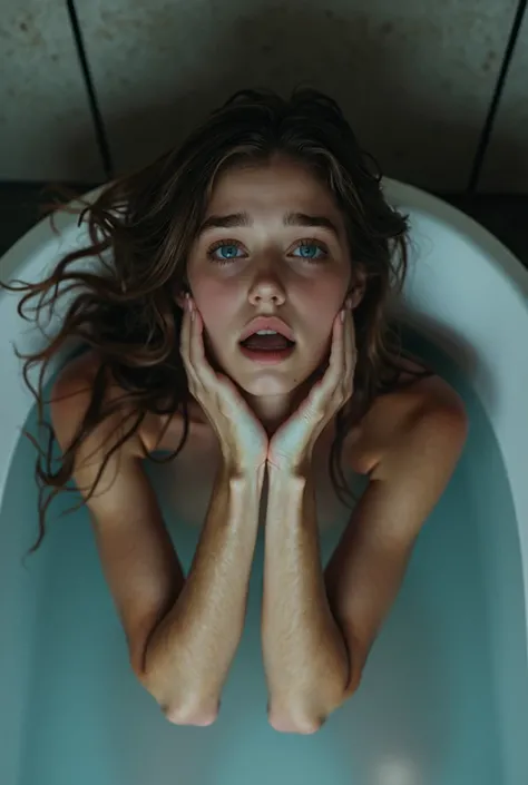 A young woman in a bathtub crying very loudly ,  too many tears fall from her eyes while her eyes are lost, She has brown hair and blue eyes 
