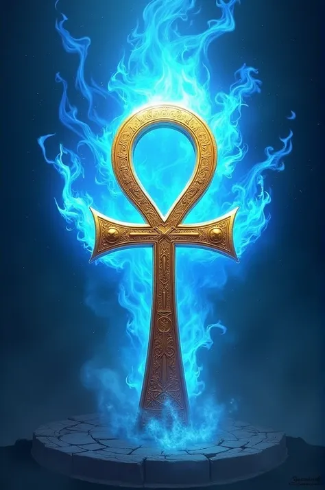 Egyptian golden ankh cross with flames expanding everywhere with lots of blue power , Lots of blue light around the flames