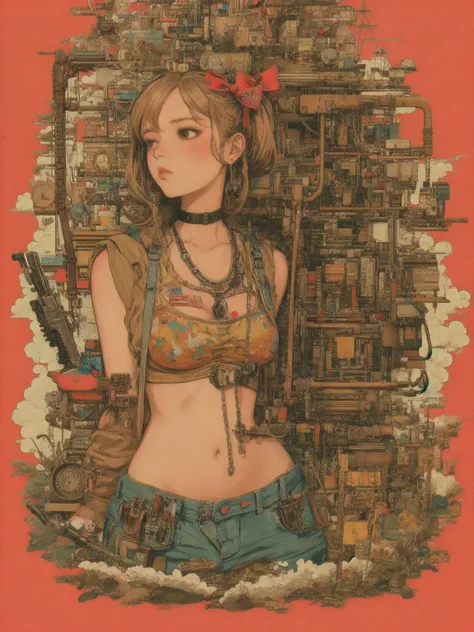 (masterpiece, Best Quality: 1.2), Alone,  1 girl, jppop art style, risograph, Steampunk, metal art, steel pipe, Ready your gun?, perfect anatomy, dynamic pose