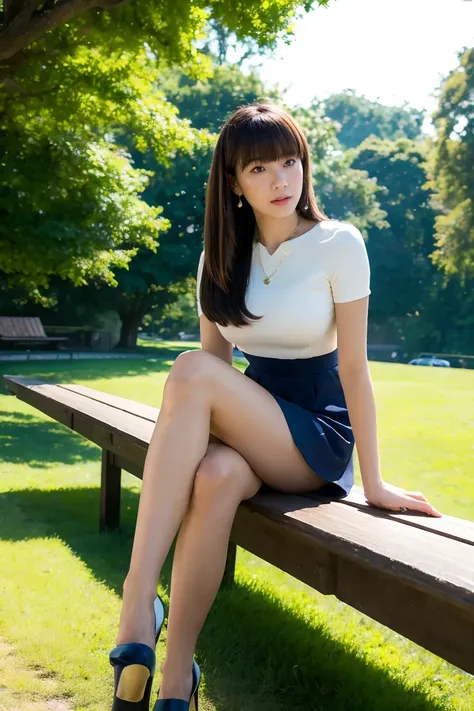  Best Quality, masterpiece,  High Resolution , Realistic, RAW Photos, 8K wallpaper, perfection,  PROFESSIONAL WRITING,  very detailed,  depth of border described ,  1 girl, Mature, Dark night in the park, formal mini skirt dress、one piece、High heels, pearl...