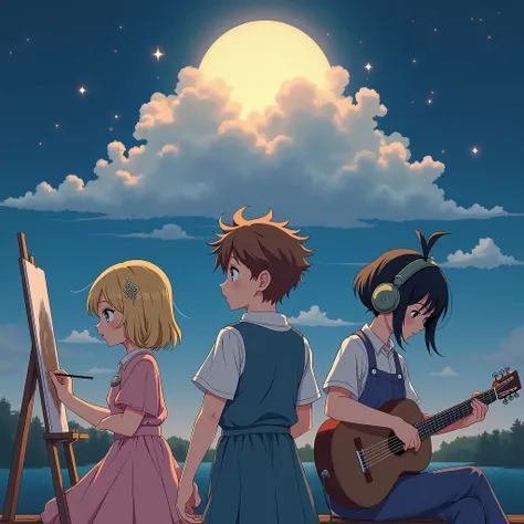 Dark Night Moonset A cloud of thoughts appears over their heads ,  showing images of what each one does :  Lía with plain light yellow hair and pink dress paint ,  Tomás a brown-haired boy composes headphones and guitar and Carla with her black hair tied u...