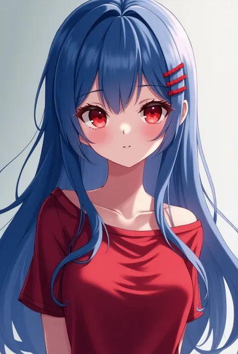 1 girl, High resolution, Long hair, Red eyes, Blue hair, Hair clip, High resolution,  Masterpiece ,  High Detail ,  simple background , สไตล์Anime, Anime,  Big Bust ,  wearing a red shirt over the shoulders,Stand looking at the view 