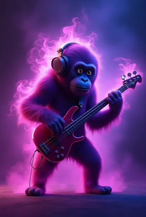 Purple orangutan with a bright aura playing bass and wearing 2D headphones

