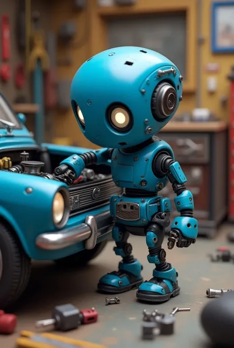 Small blue animated car mechanic robot
