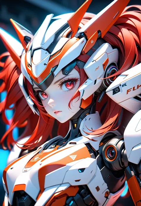 Very detailed and beautiful mecha anime girl portrait, A fusion of art and mecha aesthetics, Red-haired twin-tailed girl, Highly detailed and beautiful hair, Very detailed and beautiful red passionate eyes, Highly detailed realistic white skin, She wears a stylish mecha helmet in red and white inspired by a lion's mane, The body is an anime robot in a red and white color scheme, The whole body is illuminated by glowing red neon lights, Lots of detailed mecha visible, The mecha girl is surrounded by beautiful colorful flowers, Very detailed and dense description of the robot's body, The background is a fractional art style white canvas with beautiful flowers, Very dense mecha details in the background, Close-up of the bust of a mecha girl, A fusion of strong shallow depth of field, (Best Quality, 4K, 8k,  High Resolution , masterpiece:1.5), Ultra-detailed, High quality 3D rendering,  Dramatic Lighting,  professional photo resolution , Awards