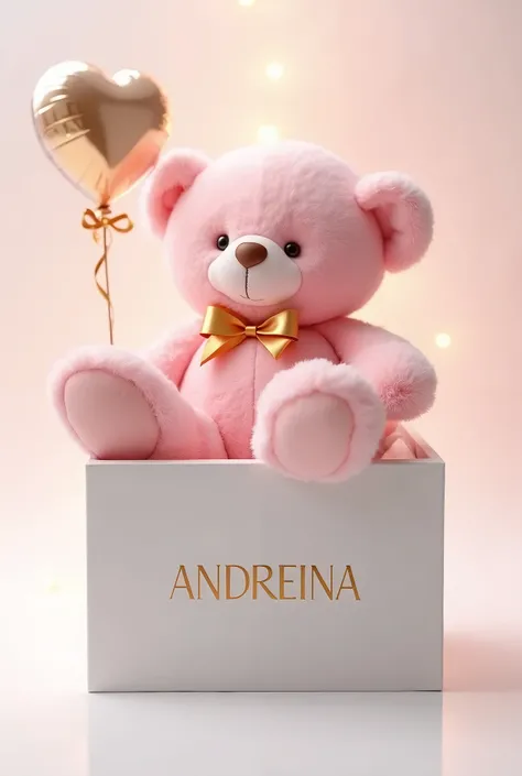 A stunning 3D render of a luxurious soft pink teddy bear, lying gracefully in a pristine white melamine box. The teddy bears expression exudes warmth and comfort, while the heart-shaped transparent balloon adds a touch of romance. A vibrant gold ribbon and...