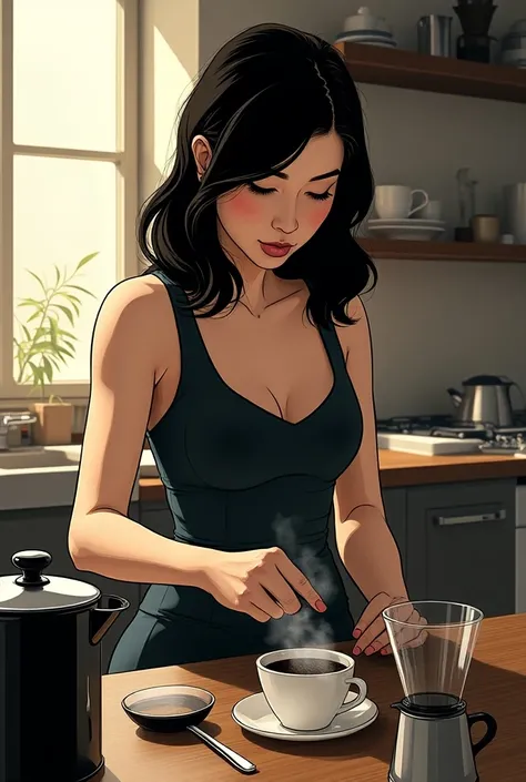 This same woman preparing coffee in graphic novel style