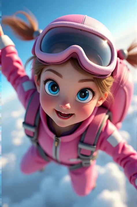 Large bright blue eyes with determination
Sweet smile with hint of excitement
Pink and white skydiving suit
Matching pink parachute pack
Hand firmly gripping Barts
Free arm extended gracefully
Hair ribbons flowing in wind
Goggles with slight reflection