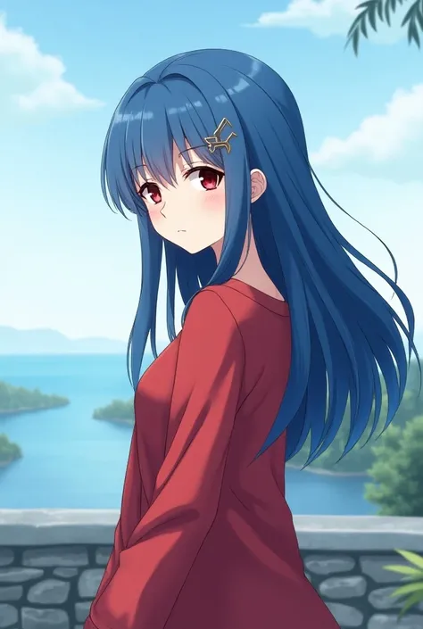 1 girl, High resolution, Long hair, Red eyes, Blue hair, Hair clip, High resolution,  Masterpiece ,  High Detail ,  simple background , สไตล์Anime, Anime,  wearing a red shirt over the shoulders,Stand looking at the view 