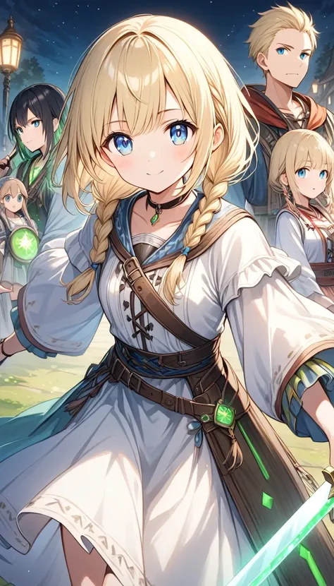 Girl、White Toso 、Green LED、Led,Long Hair、 blond hair、Short Bob、Partial braids、 he stares at me with a strange expression.cute、Blue Eyes、12 Talents、fantasy rustic clothes、Long Sword、man and woman 2 people 、