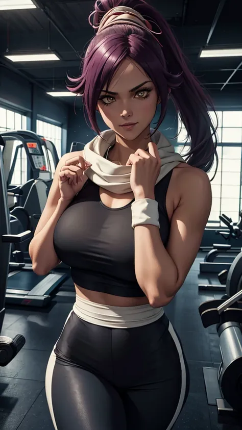 realistic 1.2, She is at the gym, gym, (masterpiece, best quality: 1.2), photo the cowboy, Alone, 1 girl, shihouin yoruichi, smile,  Looking at the spectator ,  ponytail, black tank top, white scarf,  technology wearing a white skirt with black leggings un...