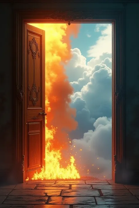 Two SEPARATE open doors, one with fire ( symbolizing hell ) And the other the clouds symbolizing the sky 