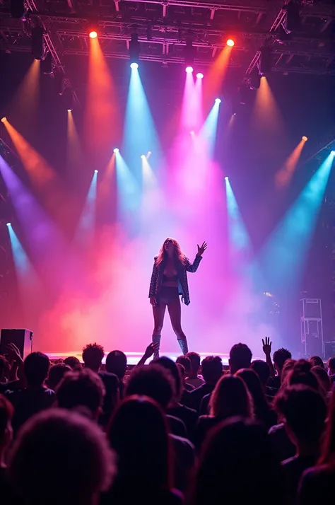 Draw an artist singing on stage and lots of colored lights 