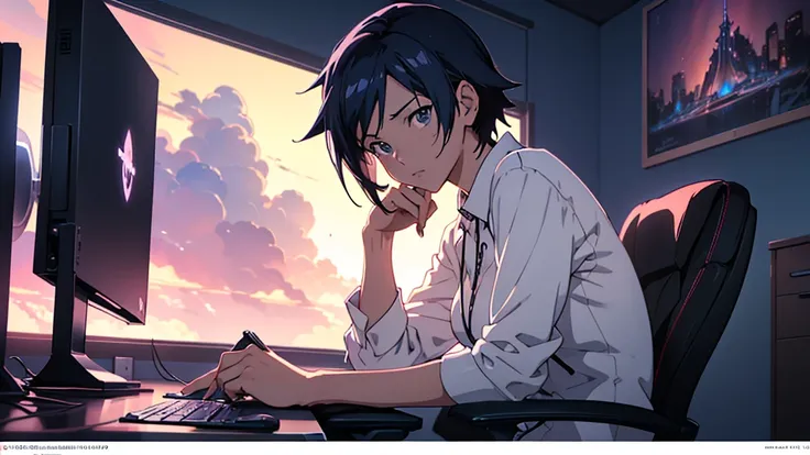 there is a woman sitting at a desk in front of a computer, anime atmospheric, anime background art, 4k anime wallpaper, anime background, atmospheric anime, anime aesthetic, beautiful anime scene, anime art wallpaper 4 k, anime art wallpaper 4k, anime wall...