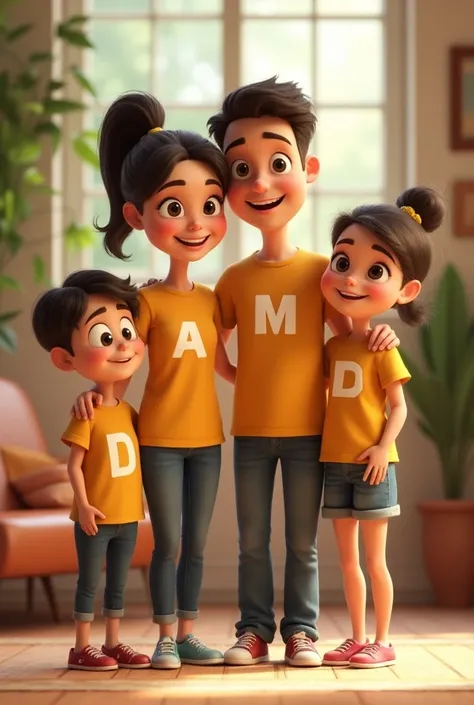 animated couple with thw girls tshirt has "a" in her tshirt, and the boy has"h in his tshirt, their daughters , the small sister has "m" in her tshirtand the elder sister has "d" in her tshirt