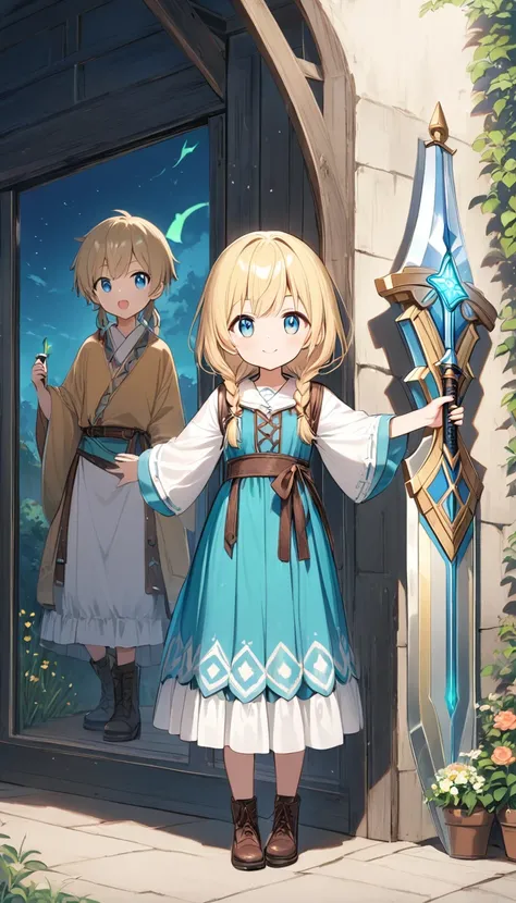 Girl、White Toso 、Green LED、Led,Long Hair、 blonde hair、Short Bob、Partial braids、 he stares at me with a strange expression.cute、Blue Eyes、12 Talents、fantasy rustic clothes、 longsword 、Man and 2 people 、 full body standing painting 、