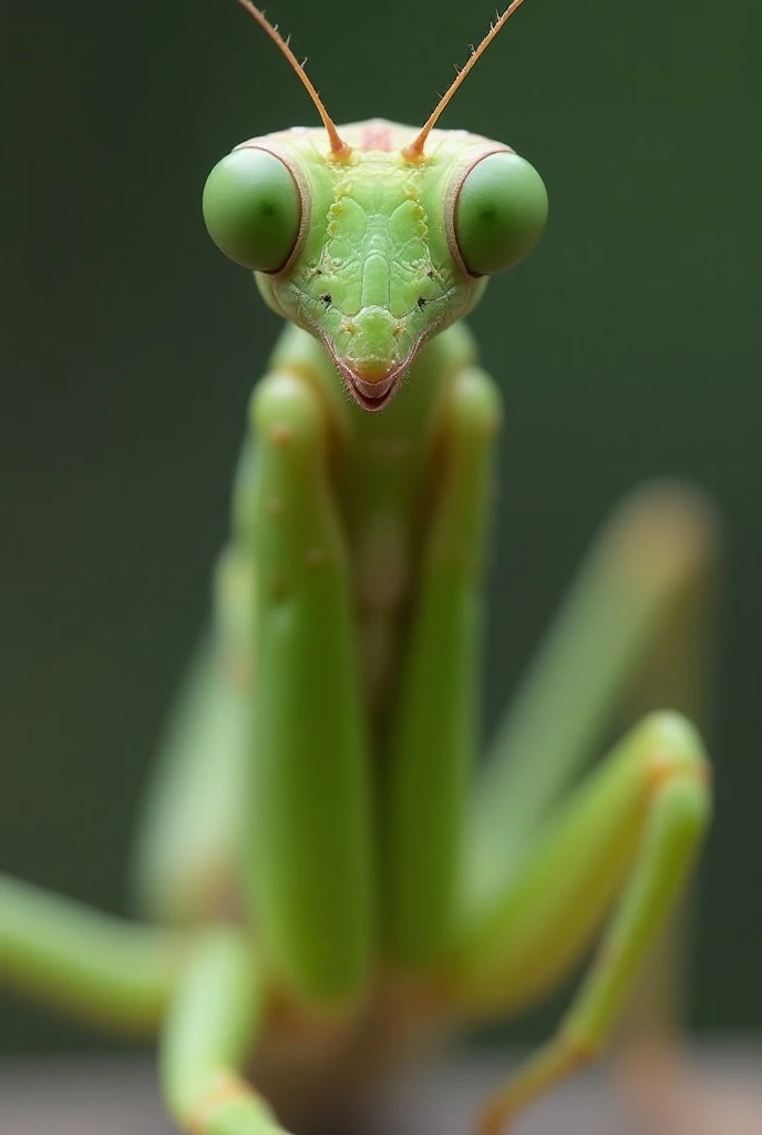 Green, healthy praying mantis. Dark green eyes. Actual photo. Camera angle taken from the left