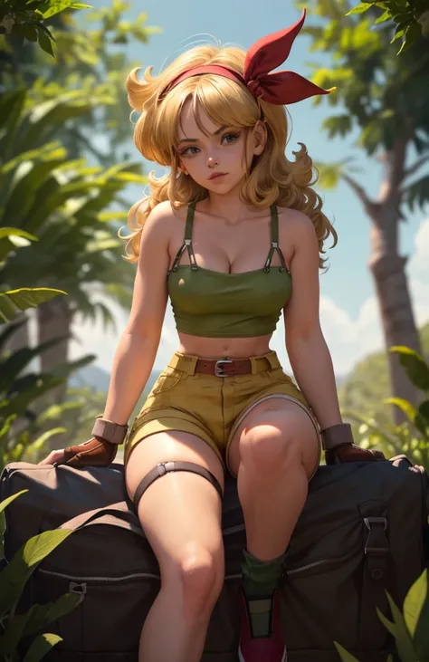 ((masterpiece, best quality)), insaneres, absurdres, solo, looking at viewer,
BlondeHair_BadLaunch_ownwaifu,
1girl, long hair, blonde hair,  curly hair, hair ribbon, blue eyes, medium breasts, red hairband, eyelashes, bangs, 
green shirt,  yellow shorts, c...