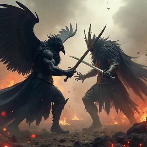 Create an image of a battle between a muscular raven warrior covered in black feathers and a demon king, war rages around them, dynamic sword fighting, sword fight, dynamic, movement, Cinematic, Cinematography, High Resolution, Masterpiece