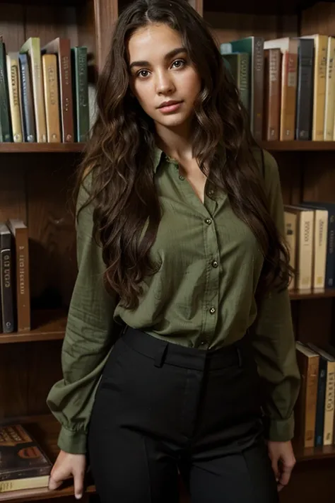  Woman with long, curly hair and brown eyes, standing near a bookshelf in a library, wearing a green blouse and black pants.






