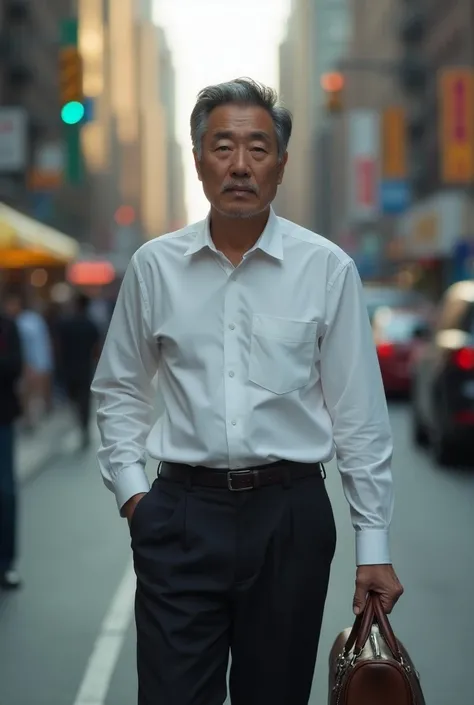 a 48-year-old Japanese man ,  walking down the street in New York, focus on the face, profile picture,