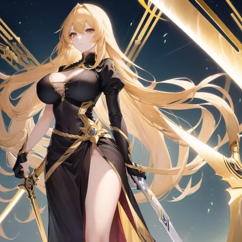  an anime girl with long golden hair , Golden eyes , Has a long sword weapon , Big breasts