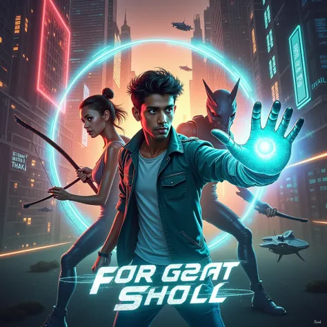 Here’s a creatively composed poster a futuristic world, there is one male character who is touching a illuminating hologram screen and a female character with bow and arrow standing behind man, near mans hand there is a hologram screen illuminating in his ...