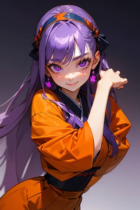 1 person,     STRAIGHT PATTERNS    ,  BLADING   , Big Sleeves,     hair accessories,Obi says, (    Purple Hair:1.2), Long Hair,     straight hair, To the audience::,     Detailed Background, (Realistic:1.2),     beautiful eyes,     red eyeshadow, thigh, (U...