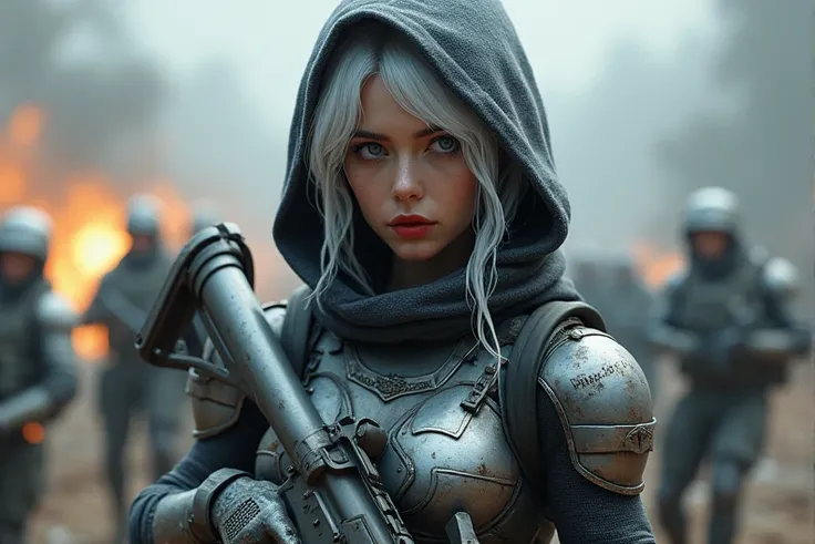 1girl, Best Quality, High Quality, Textured Skin, Silver Hair, Wavy Hair, Wet Hair, Big Hair, Red Lips, Ringed Eyes, Raised Eyebrow, 3D Isometric, Hood, Mask,Wizard Hat, Optical Illusion, Pixel Art, Holding silver M4 ,Standing on the battlefield ,Call of d...