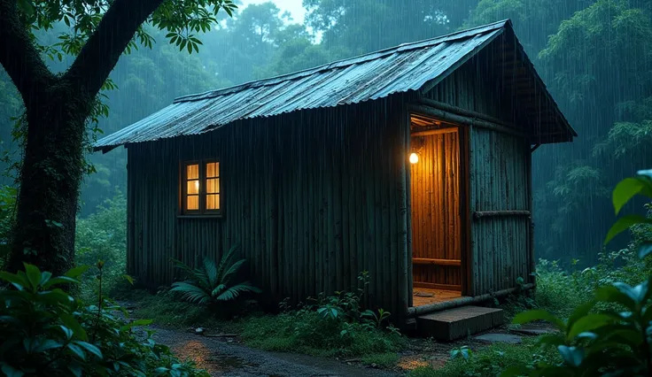 PROFESIONAL PHOTOGRAPHY, Highest quality、8K、Detailed facial depiction、Masterpiece、Highest quality、Sharp image quality、((close up)), Photo of an old Indonesian bamboo house and its surrounding nature, zinc roof, interior light, blue light atmosphere, ((heav...