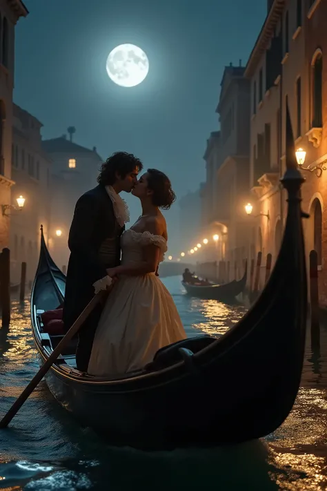 A dramatic 18th-century scene set on a Venetian canal at night, where Casanova is in a gondola with a beautiful woman. The gondola is gliding through the quiet, moonlit waters. Casanova leans in to kiss the woman passionately, while the soft light of the m...