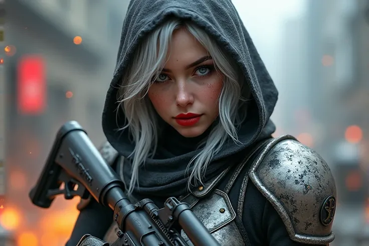 1girl, Best Quality, High Quality, Textured Skin, Silver Hair, Wavy Hair, Wet Hair, Big Hair, Red Lips, Ringed Eyes, Raised Eyebrow, 3D Isometric, Hood, Mask,Wizard Hat, Optical Illusion, Pixel Art, Holding silver M4 ,Standing on the battlefield ,Call of d...