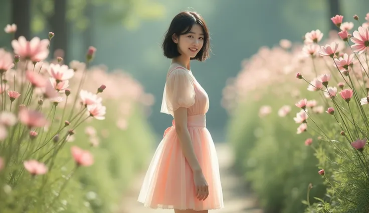  outdoor beautiful Korean woman ,  smooth white skin ,  neat face , Black hair,  sweet smile ,  short knee-length midi dress , Short sleeves,  transparent balloon model ,  left and right ribbon ,,, white shoes,,, VERFORSE ... Full shot, short medium hair, ...