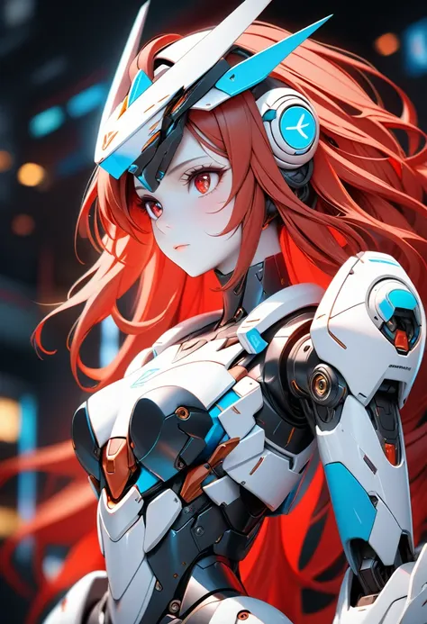 Very detailed and beautiful mecha anime girl portrait, A fusion of art and mecha aesthetics, Redhead girl, Very detailed and beautiful red passionate eyes, Highly detailed realistic white skin, She wears a stylish mecha helmet in red and white inspired by ...