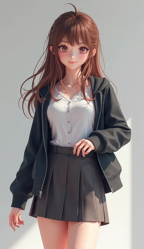  a European beauty，Full body shot，Masterpieces，masterpiece，8k， HD quality，CG character style ，3D Modeling，3d anime characters，realism 0.8，Full body shot， A woman in a short skirt and jacket is posing for a photo, anime girl role play, hyperRealistic female...