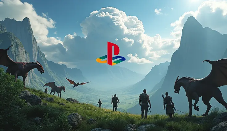 Playstation logo in the shape of a cloud between fantastic and green landscapes with dragons, battle, God of war, the Last of Us