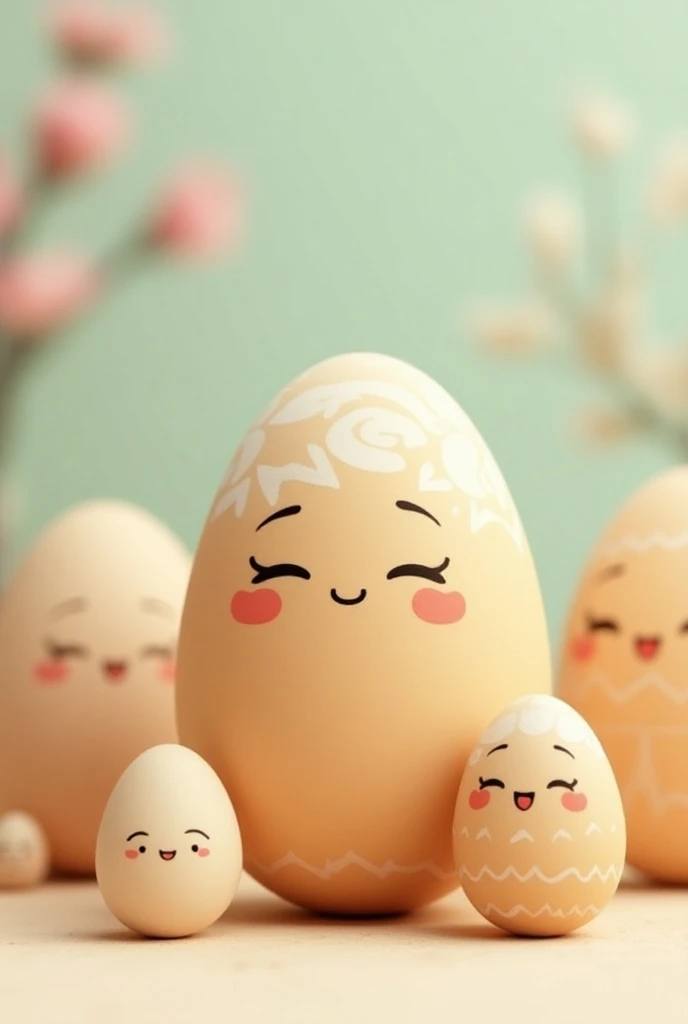 A brown egg with a painted face, With her husband ren and grandren eggs