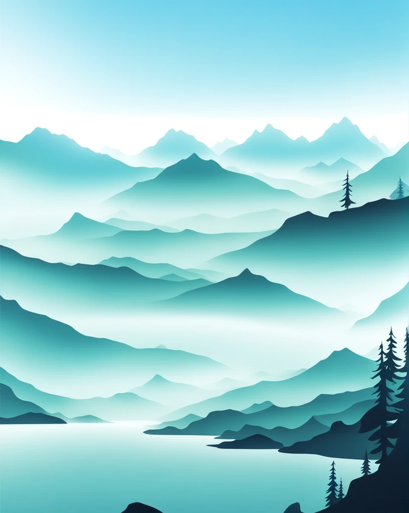 A serene, minimalist landscape featuring tall, majestic mountains with soft, muted blues and greens. A calm lake in the foreground reflects the mountains, creating a mirror-like effect. The sky is clear with a few wispy clouds. The overall mood is peaceful...