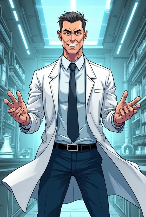 Generate this last image with a different posture

Scientist Man in White 
Manga style 