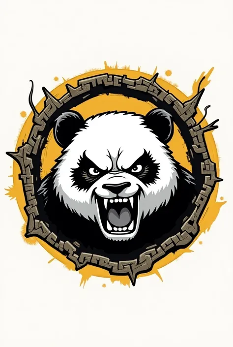 a logo of a very aggressive manga type panda enclosed in a circle trying to get out, The background of the circle in a mustard color , with the main focus on your face and monochrome
On the outside of the circle surrounding it that says: (Panda Street Moto...