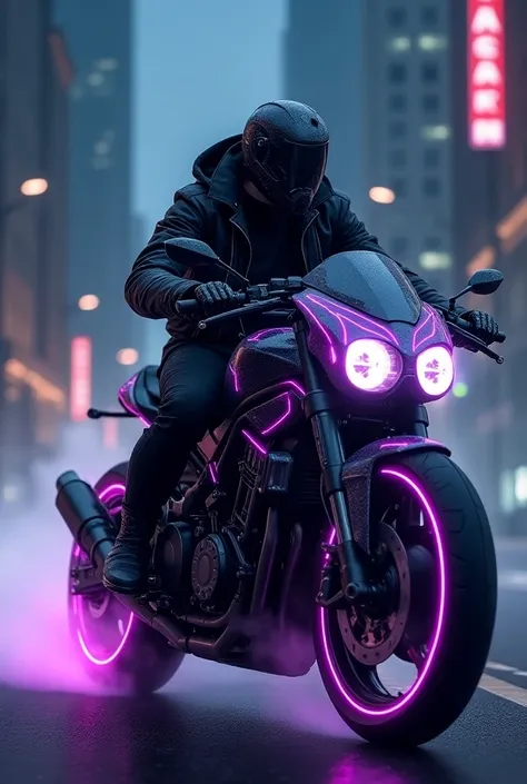 Wattpad cover, tamburini t12 massimo, smoking tires, night city, cyber mask, no helmet, cybernetic bike decals, biker head front facing, steel knight gloves, purple glowing bike decal lights and rims