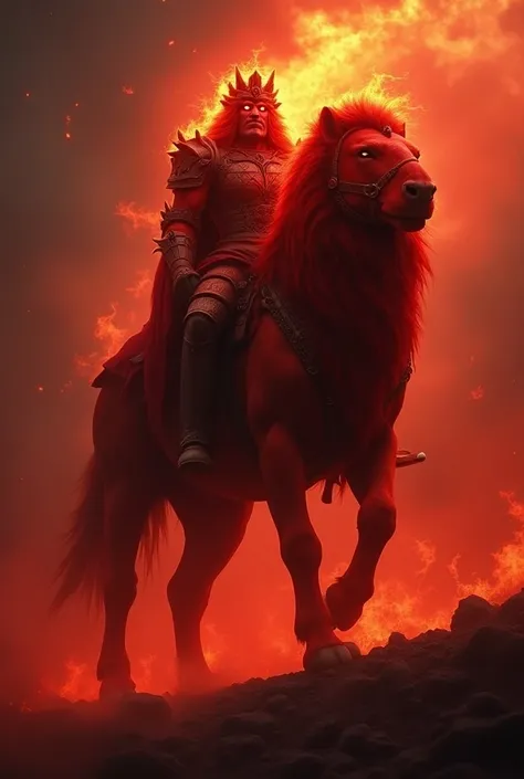 Powerful and strong Grand Duke of Hell ,  It looks like a red lion with flaming eyes.  appearing mounted
About a big giant horse,  like a knight . 
