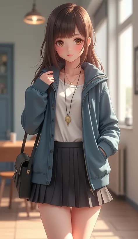  a European beauty，Full body shot，Masterpieces，masterpiece，8k， HD quality，CG character style ，3D Modeling，3d anime characters，realism 0.8，Full body shot， A woman in a short skirt and jacket is posing for a photo，True 0.8，The picture is somewhere between re...