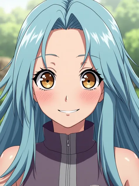 Nefertari Vivi in Naruto art style (big brown eyes, long light blue hair, bright smile and white pale skin).