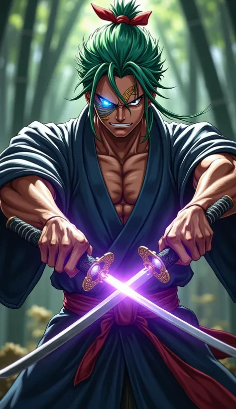 Zoro combined with Ashura,actor ((Zoro One Piece)) as Zoro, OnePiece, japanese samurai suit, a red bandana on his head, glowing blue eyes, wields Katana Enma, God of Purple Thunder, protector of Earthrealm, intricate, high detail, sharp focus, dramatic, ph...