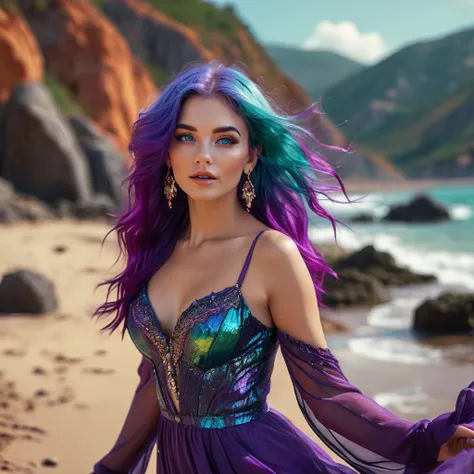 woman with vibrant purple hair posing in a Utopia, utopia, Vibrant purple hair, posing, HD, detailed outfit, professional photography, sexy pose, earrings, unique style, makeup, badass, cool effects, ultrarealistic, hyper realistic, detailed face, defined ...