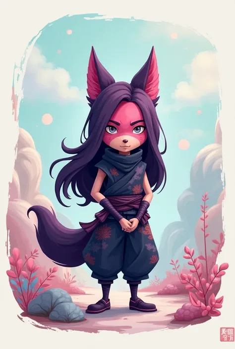 Generate an image of a  in the drawing style of the animated series Steven Universe,and 2D, of a boy with long hair ,hair color plum ,and put on clothes similar to those of a ninja , and put on a Japanese fox mask covering his face completely 