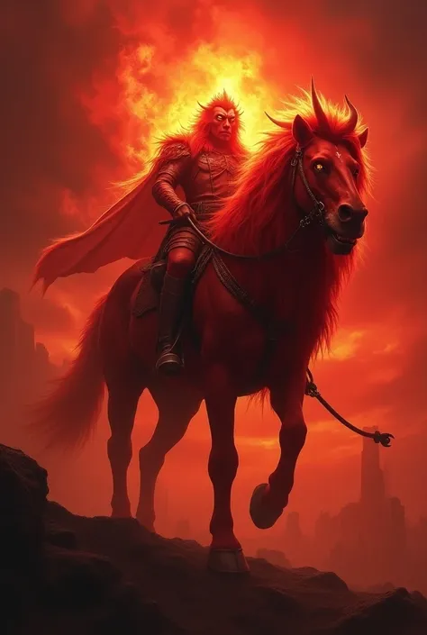 Powerful and strong Grand Duke of Hell ,  It looks like a red lion with flaming eyes.  appearing mounted
About a big giant horse,  like a knight . 
